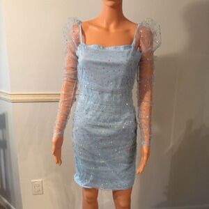 Fairycore Sparkle Dress Light Blue Princess Sheer Sequins Bodycon Mini Area M